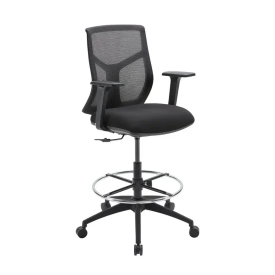 Starlight ergonomic drafting stool with breathable mesh back, adjustable lumbar support, adjustable chrome foot ring, padded armrests, and black five-star base