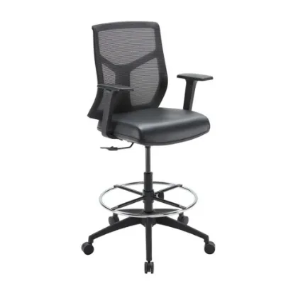 Starlight ergonomic drafting stool with breathable mesh back, adjustable lumbar support, adjustable chrome foot ring, padded armrests, and black five-star base