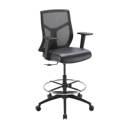 Starlight ergonomic drafting stool with breathable mesh back, adjustable lumbar support, adjustable chrome foot ring, padded armrests, and black five-star base