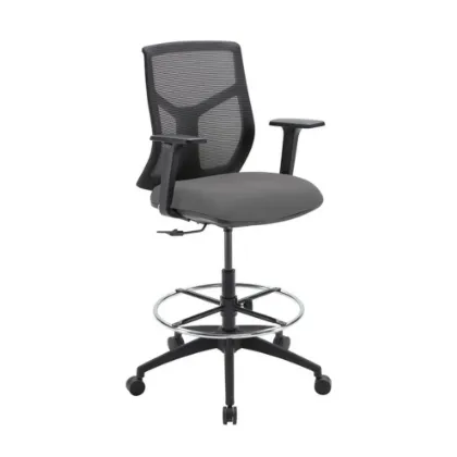 Starlight ergonomic drafting stool with breathable mesh back, adjustable lumbar support, adjustable chrome foot ring, padded armrests, and black five-star base
