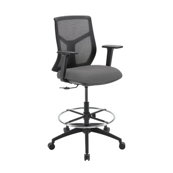 Starlight ergonomic drafting stool with breathable mesh back, adjustable lumbar support, adjustable chrome foot ring, padded armrests, and black five-star base