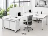 	4 person commercial office workstation with laminate desks, frosted acrylic privacy panels, mobile file pedestals, and steel Unite leg bases.