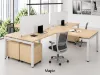 	4 person commercial office workstation with laminate desks, frosted acrylic privacy panels, mobile file pedestals, and steel Unite leg bases.