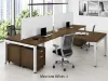 	4 person commercial office workstation with laminate desks, frosted acrylic privacy panels, mobile file pedestals, and steel Unite leg bases.