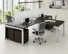 4 person commercial office workstation with laminate desks, frosted acrylic privacy panels, mobile file pedestals, and steel Unite leg bases.