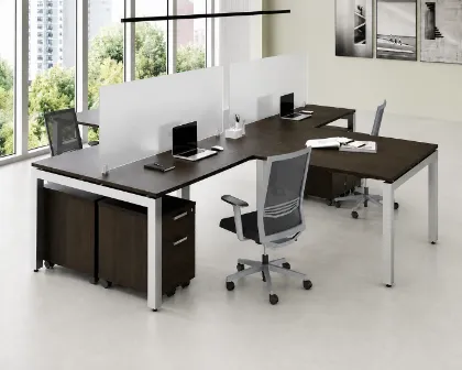 4 person commercial office workstation with laminate desks, frosted acrylic privacy panels, mobile file pedestals, and steel Unite leg bases.