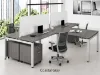 	4 person commercial office workstation with laminate desks, frosted acrylic privacy panels, mobile file pedestals, and steel Unite leg bases.