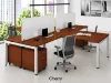 	4 person commercial office workstation with laminate desks, frosted acrylic privacy panels, mobile file pedestals, and steel Unite leg bases.
