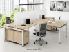 	4 person commercial office workstation with laminate desks, frosted acrylic privacy panels, mobile file pedestals, and steel Unite leg bases.