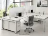 	4 person commercial office workstation with laminate desks, frosted acrylic privacy panels, mobile file pedestals, and steel Unite leg bases.