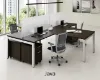 	4 person commercial office workstation with laminate desks, frosted acrylic privacy panels, mobile file pedestals, and steel Unite leg bases.