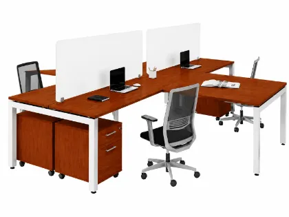 4 person commercial office workstation with laminate desks, frosted acrylic privacy panels, mobile file pedestals, and steel Unite leg bases.