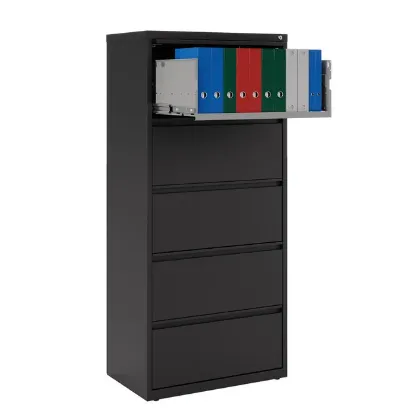 5 drawer commercial steel lateral file cabinet with locking drawers, powder-coated finish, and ball-bearing drawer slides.
