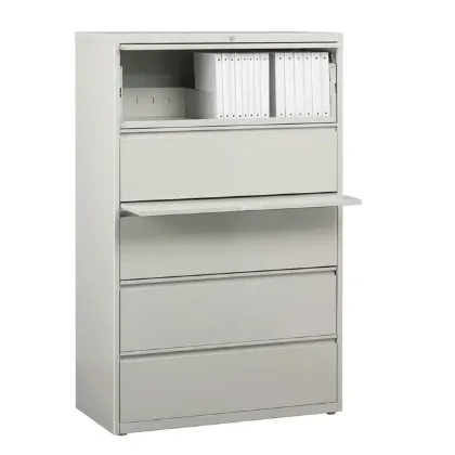 5 drawer commercial steel lateral file cabinet with locking drawers, powder-coated finish, and ball-bearing drawer slides.