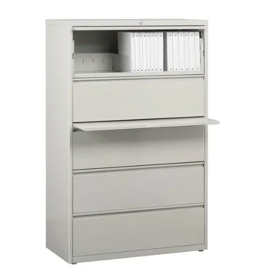 5 drawer commercial steel lateral file cabinet with locking drawers, powder-coated finish, and ball-bearing drawer slides.