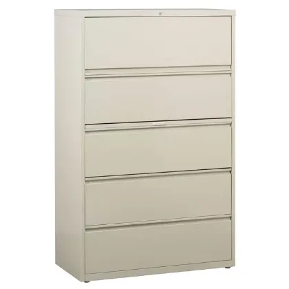5 drawer commercial steel lateral file cabinet with locking drawers, powder-coated finish, and ball-bearing drawer slides.