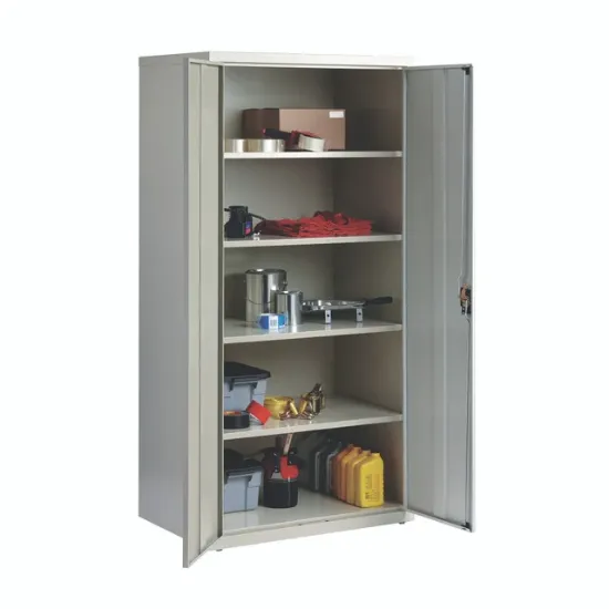 Oversized commercial steel storage cabinet with four adjustable shelves, welded construction, and secure three-point locking doors.