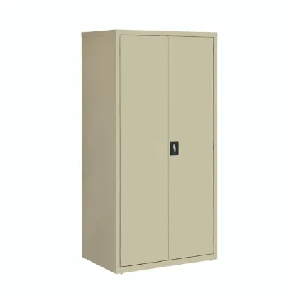 Oversized commercial steel storage cabinet with four adjustable shelves, welded construction, and secure three-point locking doors.