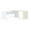 Modern L-shaped executive desk with reversible return, commercial laminate work surface, metal legs, and contemporary two-tone finish.