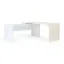 Modern L-shaped executive desk with reversible return, commercial laminate work surface, metal legs, and contemporary two-tone finish.