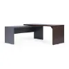 Modern L-shaped executive desk with reversible return, commercial laminate work surface, metal legs, and contemporary two-tone finish.