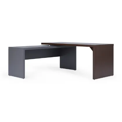 Modern L-shaped executive desk with reversible return, commercial laminate work surface, metal legs, and contemporary two-tone finish.