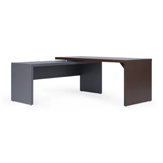 Modern L-shaped executive desk with reversible return, commercial laminate work surface, metal legs, and contemporary two-tone finish.
