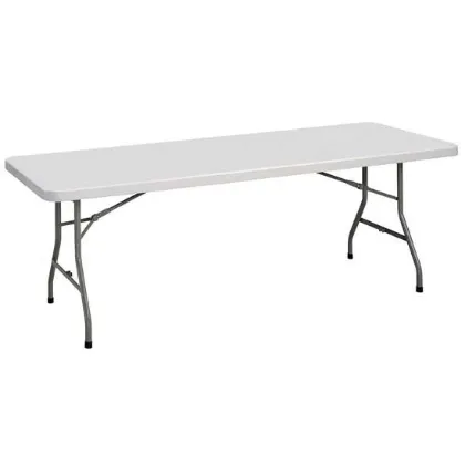 Commercial plastic folding table with blow molded top, heavy-duty powder-coated steel wishbone legs, and lightweight folding design.