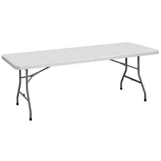 Commercial plastic folding table with blow molded top, heavy-duty powder-coated steel wishbone legs, and lightweight folding design.