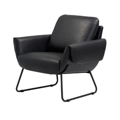 OfficeSource Peyton upholstered lounge chair with Onyx PU leather upholstery, padded arms, hardwood frame, and black steel sled base.