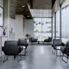 OfficeSource Peyton upholstered lounge chair with Onyx PU leather upholstery, padded arms, hardwood frame, and black steel sled base.