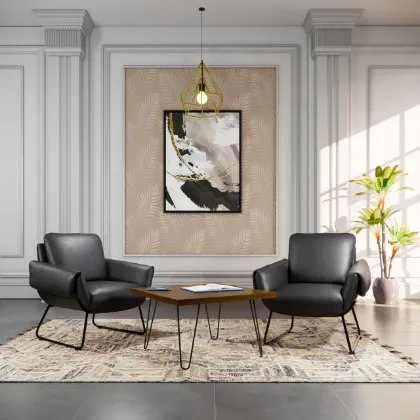 OfficeSource Peyton upholstered lounge chair with Onyx PU leather upholstery, padded arms, hardwood frame, and black steel sled base.