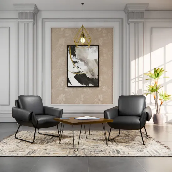 OfficeSource Peyton upholstered lounge chair with Onyx PU leather upholstery, padded arms, hardwood frame, and black steel sled base.