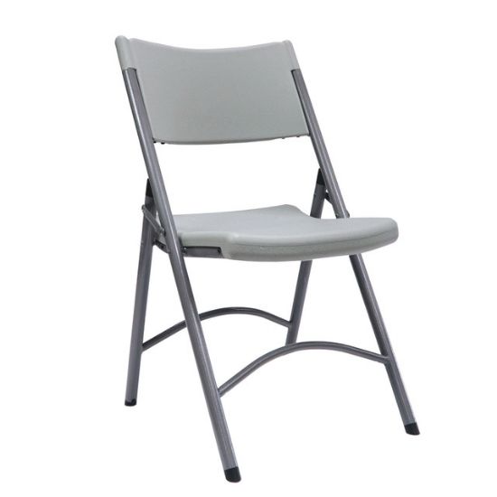 OfficeSource commercial blow molded plastic folding chair with contoured gray seat, powder-coated steel frame, and lightweight folding design.