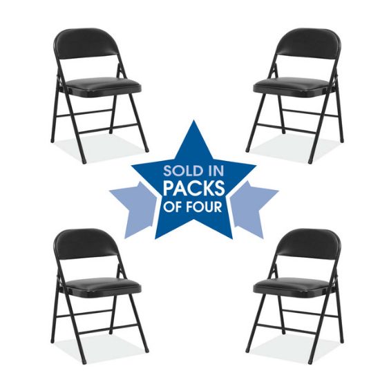 OfficeSource steel folding chair with padded vinyl seat and back, durable black steel frame, and commercial folding design.