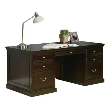68-inch double pedestal executive desk in rich espresso hardwood veneer with locking file drawers, keyboard drawer, and traditional executive styling.