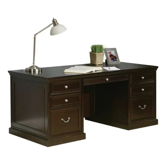 68-inch double pedestal executive desk in rich espresso hardwood veneer with locking file drawers, keyboard drawer, and traditional executive styling.