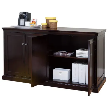 Markle 68-inch buffet storage cabinet with rich espresso hardwood veneer, four doors, adjustable shelves, and executive office styling.