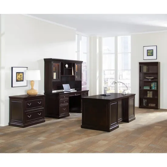 executive office suite featuring a rich espresso hardwood veneer executive desk, hutch, credenza, lateral file cabinet, and bookcase.