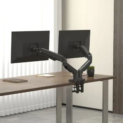 Dual monitor arm with USB-A and USB-C ports, clamp and grommet mounting hardware, supporting two monitors up to 30 inches.