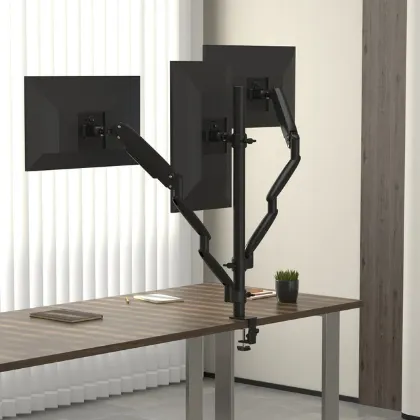 Triple monitor arm with USB-A and USB-C ports, clamp and grommet mounting, supporting three monitors up to 30 inches and 19.5 lbs. per arm.