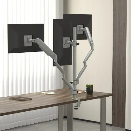 Triple monitor arm with USB-A and USB-C ports, clamp and grommet mounting, supporting three monitors up to 30 inches and 19.5 lbs. per arm.