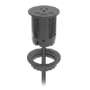 Black desktop power grommet with one AC outlet, USB-A, USB-C charging, USB-C data transfer, designed for standard office desk grommets.
