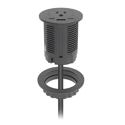 Black desktop power grommet with one AC outlet, USB-A, USB-C charging, USB-C data transfer, designed for standard office desk grommets.
