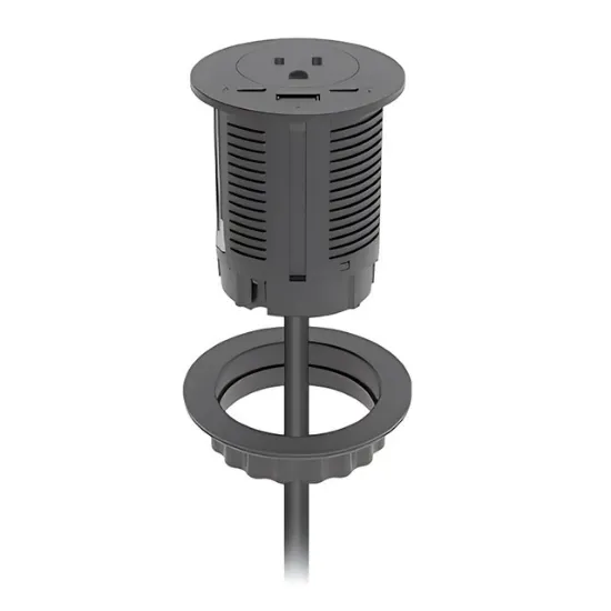 Black desktop power grommet with one AC outlet, USB-A, USB-C charging, USB-C data transfer, designed for standard office desk grommets.