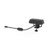 Desktop power module with integrated wireless phone charger, three AC outlets, USB-A, USB-C ports, and C-clamp mounting for office desks and conference tables.