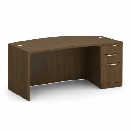 66-inch bow front executive desk with integrated 3 drawer pedestal in commercial laminate for executive and professional offices.