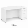 	66-inch bow front executive desk with integrated 3 drawer pedestal in commercial laminate for executive and professional offices.
