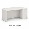 66-inch bow front executive desk with integrated 3 drawer pedestal in commercial laminate for executive and professional offices.