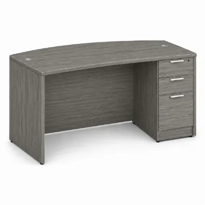 66-inch bow front executive desk with integrated 3 drawer pedestal in commercial laminate for executive and professional offices.